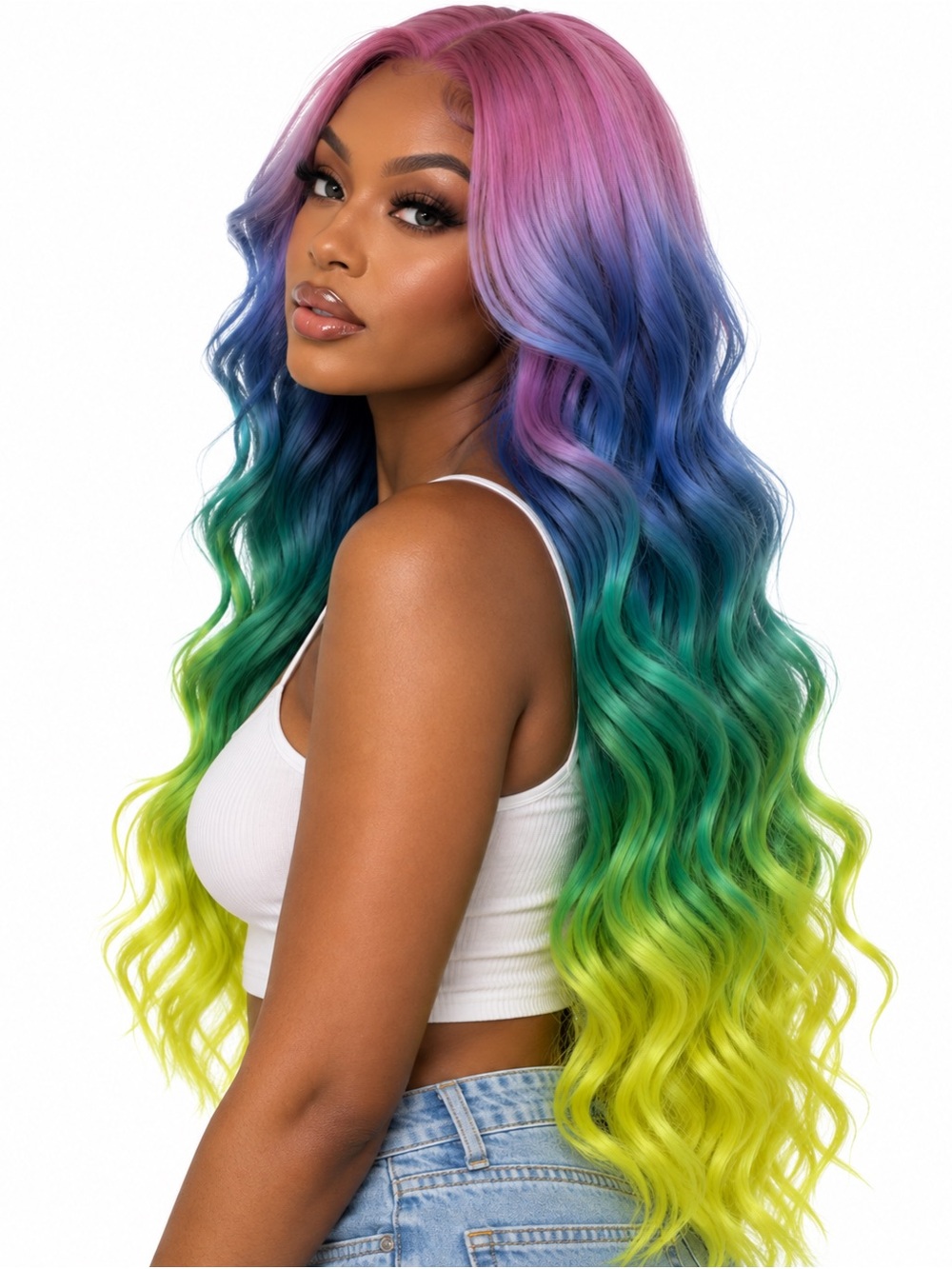 Rainbow Multicolor Ombre Long Wavy Lace Front Wig - Pink Blue Green Yellow 28in